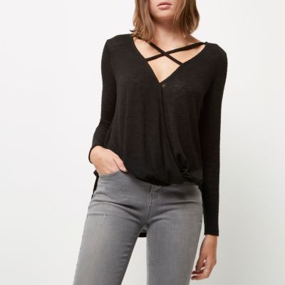 Black strappy front wrap top